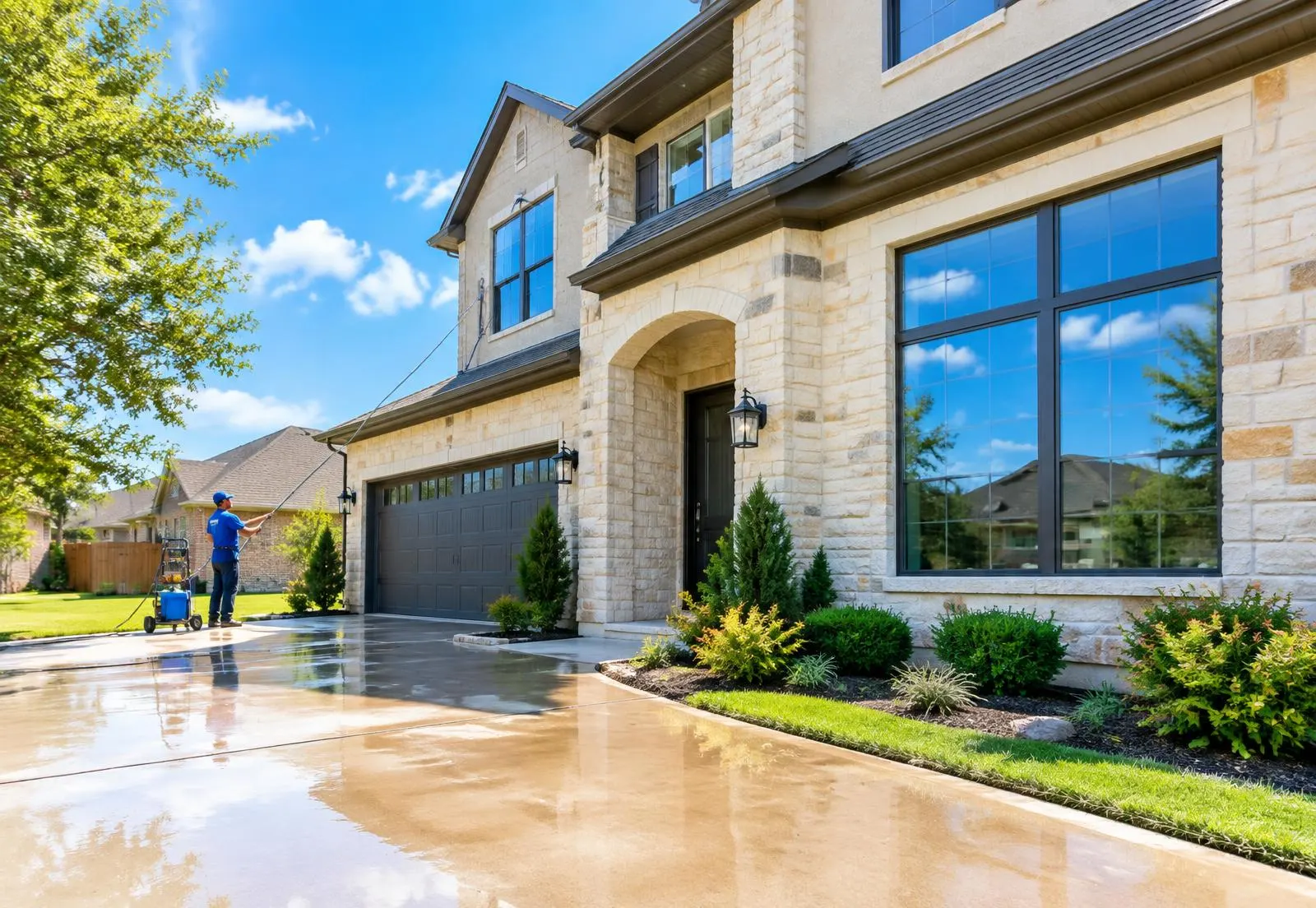 Freshly cleaned San Antonio home with clear windows and a washed driveway